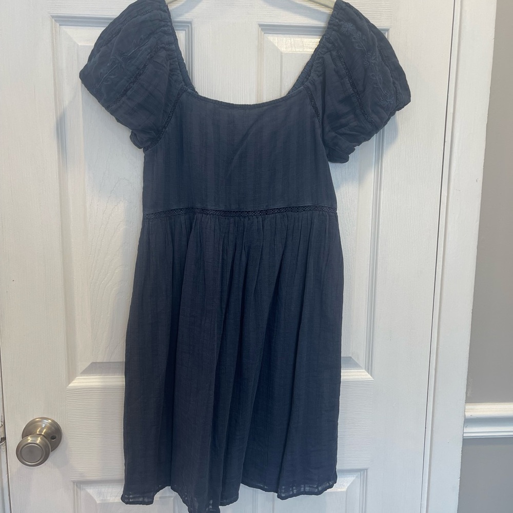 American Eagle Outfitters Blue Midi Dress with Ruched Bodice and Puff Sleeves